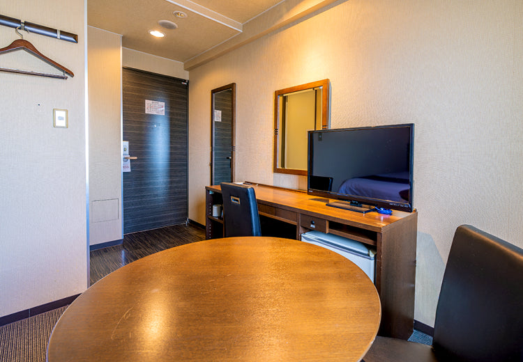 写真:BS対応のテレビと大きな鏡が備わった実用的な空間